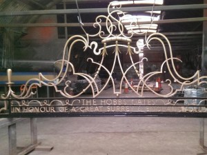 Decorative metal feature removed and restored from the Jack Hobbs Memorial Gates at The Kia Oval Cricket Ground, Surrey