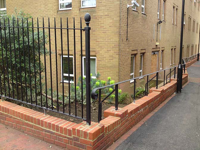 galvanized and powder coated mild steel decorative vertical bar railings which are complaint to BS 1722 Part 9.