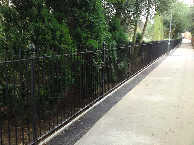 galvanized and powder coated mild steel decorative vertical bar railings which are complaint to BS 1722 Part 9.