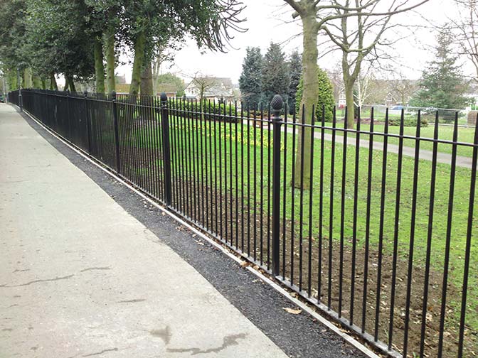 galvanized and powder coated mild steel decorative vertical bar railings which are complaint to BS 1722 Part 9.