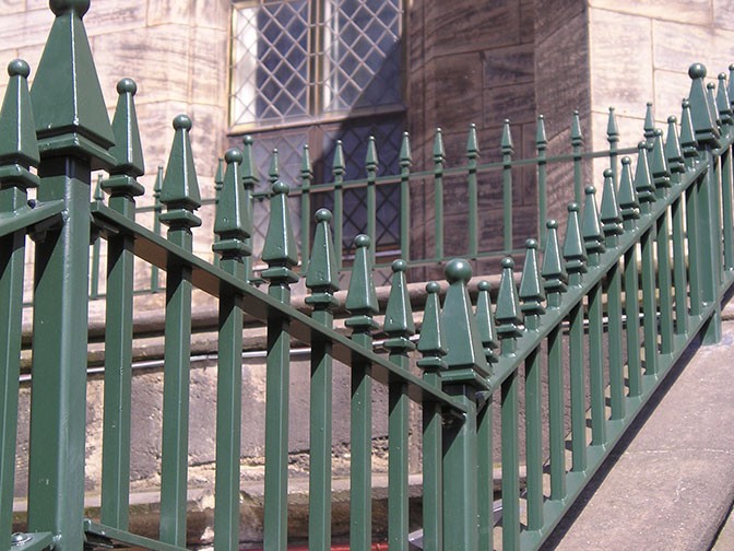 galvanized and polyester powder coated mild steel decorative railings which are complaint to BS 1722 Part 9.