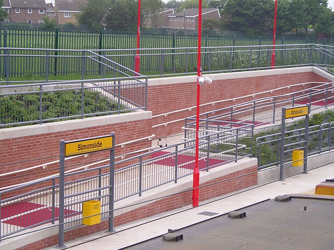 galvanized and polyester powder coated mild steel pedestrian guardrail and handrails.