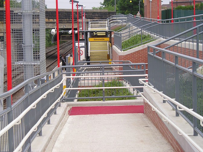 galvanized and polyester powder coated mild steel pedestrian guardrail and handrails.