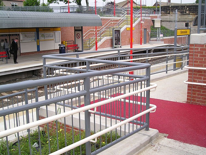 galvanized and polyester powder coated mild steel pedestrian guardrail and handrails.