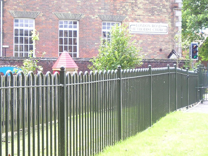 galvanized and polyester powder coated mild steel bow top railings which are complaint with BS 1722 Part 9