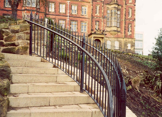 galvanized and polyester powder coated mild steel 'Westminster' style vertical bar railings which are complaint to BS 1722 Part 9.