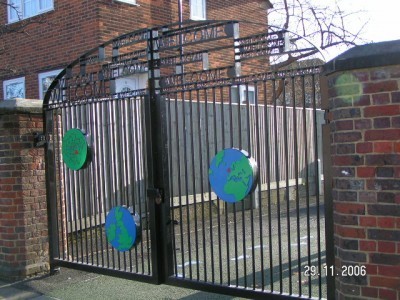 galvanized and polyester powder coated mild steel decorative gate complete with lettering which are complaint to BS 1722 Part 9.