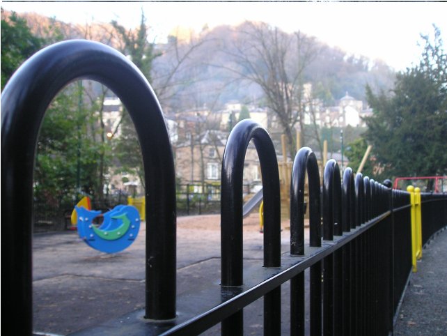 galvanized and powder coated mild steel standard bow top railings which are complaint to BS 1722 Part 9.