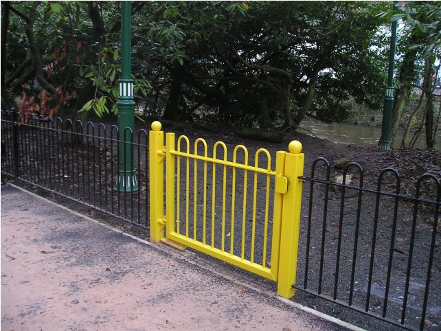 galvanized and powder coated mild steel standard bow top railings and gate which are complaint to BS 1722 Part 9.