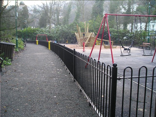 galvanized and powder coated mild steel standard bow top railings which are complaint to BS 1722 Part 9.