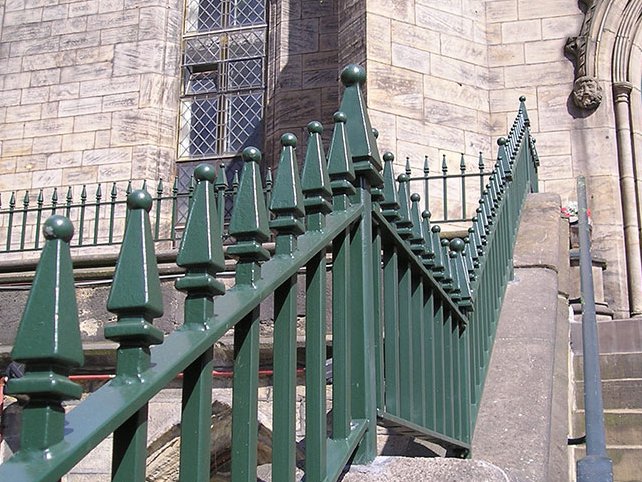 galvanized and powder coated mild steel decorative Churchill railings which are complaint to BS 1722 Part 9.