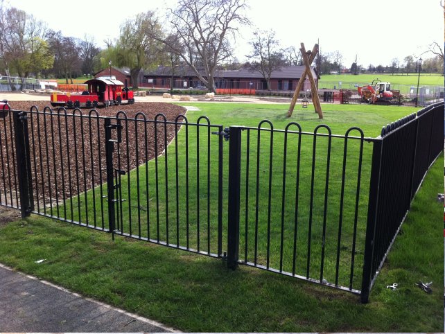 galvanized and polyester powder coated mild steel ROSPA Spec Bow Top Fencing to European Specification BS EN 1176 Part 1.