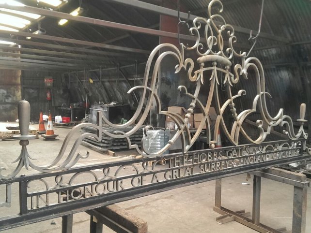 Decorative metal feature removed and restored from the Jack Hobbs Memorial Gates at The Kia Oval Cricket Ground, Surrey