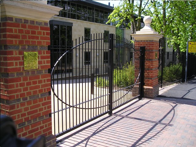 galvanized and powder coated mild steel vertical bar railings and sliding gates which are complaint to BS 1722 Part 9.