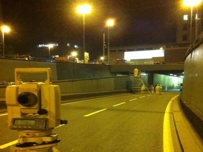 Site surveying team in action on night shift during the closure of the A38 Aston Express Way