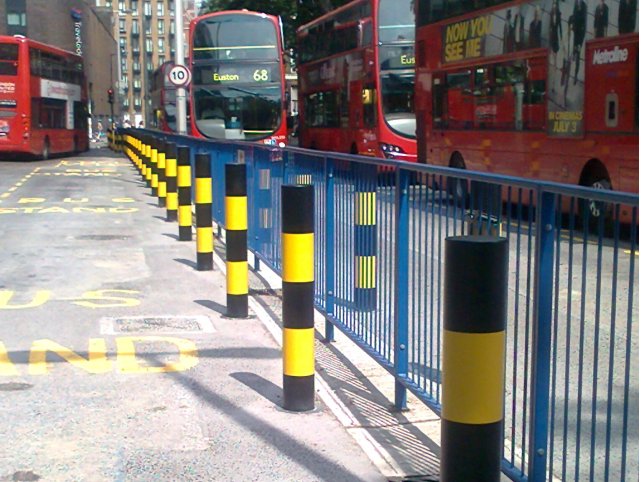 galvanized and polyester powder coated mild steel pedestrian guardrail into poletech sockets