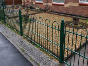 mild steel galvanized and powder coated decorative bow top railings to perimeter boundary