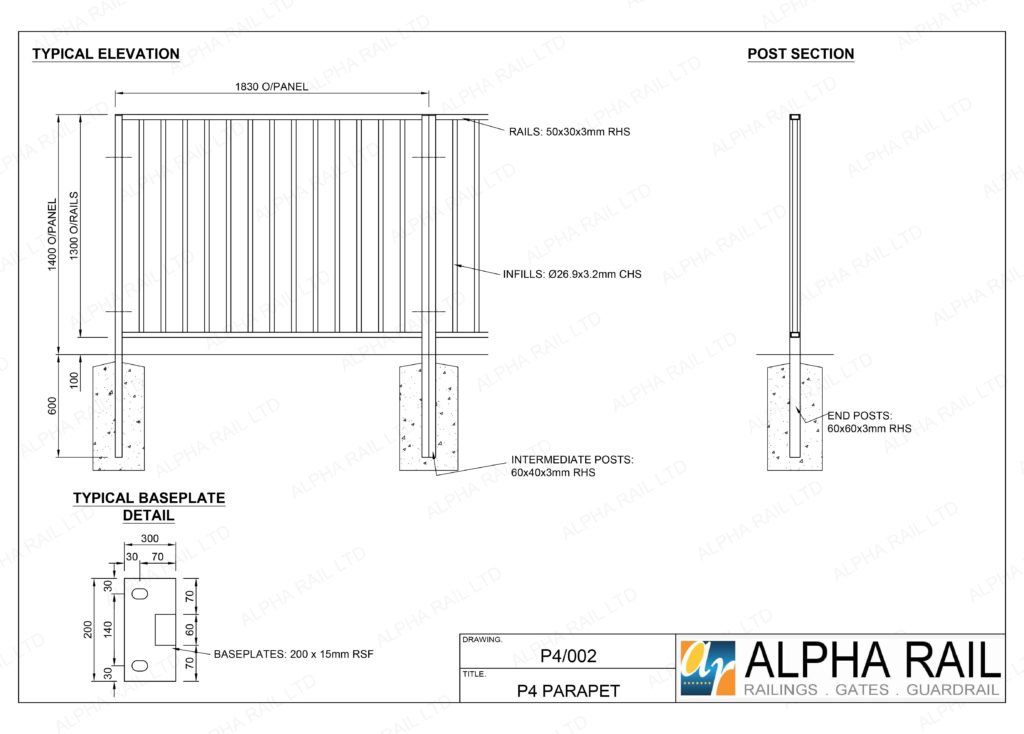 Pedestrian Parapet Guardrail (P4 Parapet) - Alpha Rail