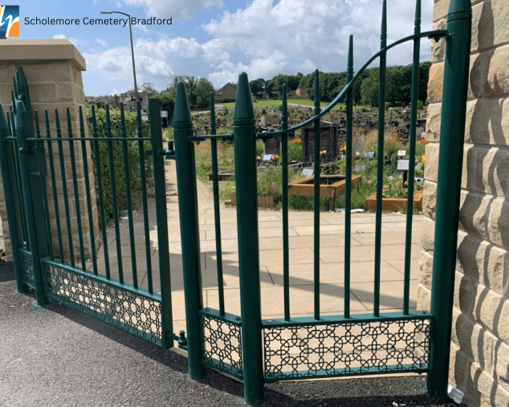 Bespoke green metal gate for cemetery